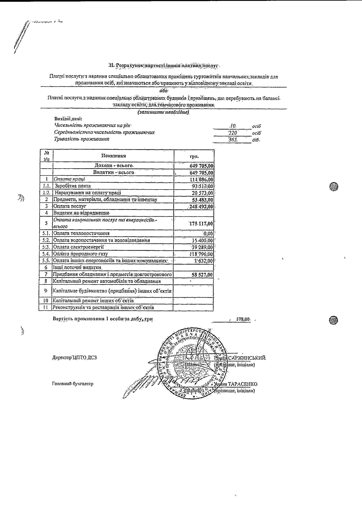 Розрахунок вартості інших послуг